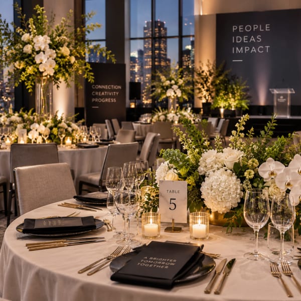 White floral centerpieces on round banquet tables in an event hall