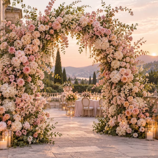 Large floral arch of pink and white roses at an outdoor event setup