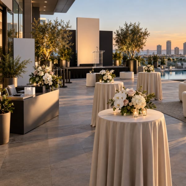 Floral centerpieces on draped tables at an outdoor event venue at sunset.