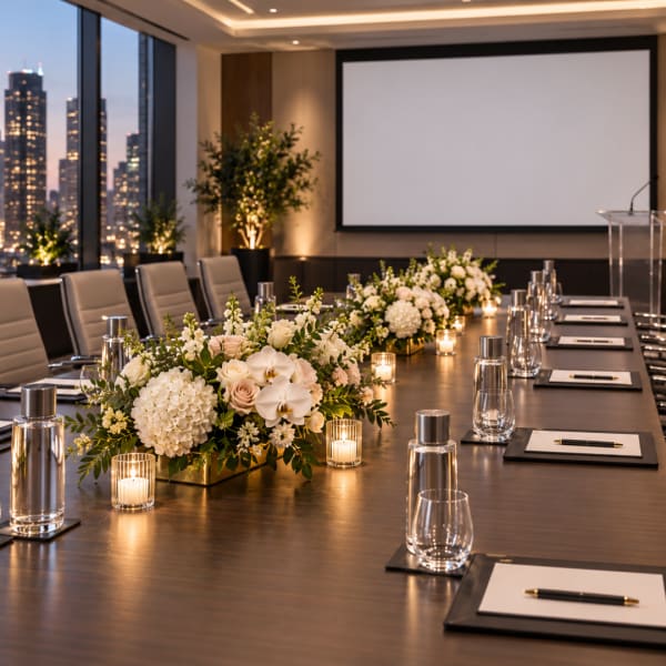 White and blush floral centerpieces on a conference table with candles