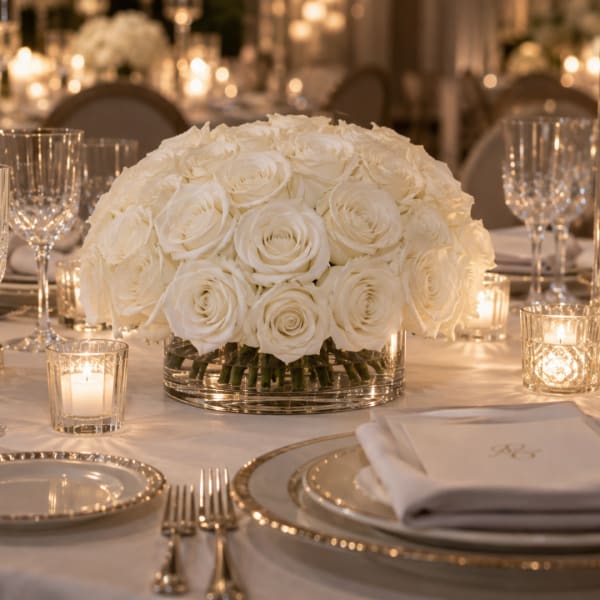 White rose centerpiece in a clear glass bowl on a formal table setting