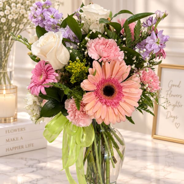 Mixed bouquet of pink, white, and lavender flowers in a glass vase with a green ribbon.
