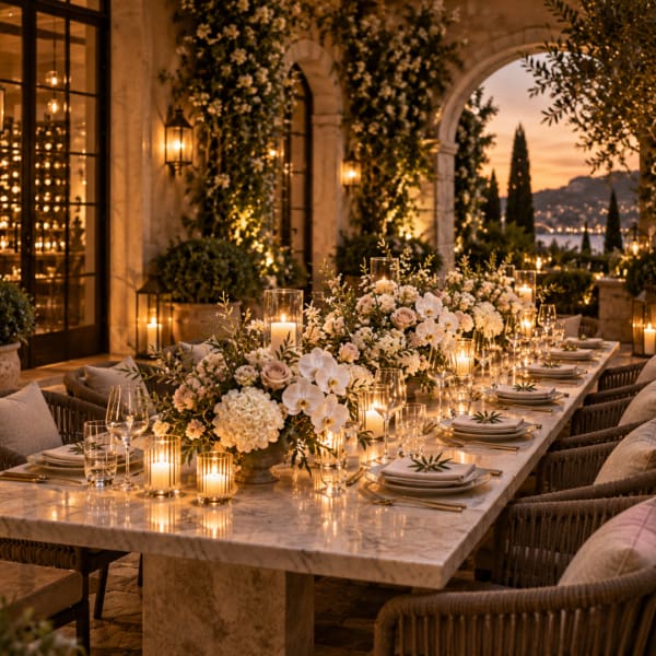 Long banquet table with white floral centerpieces and candles at sunset