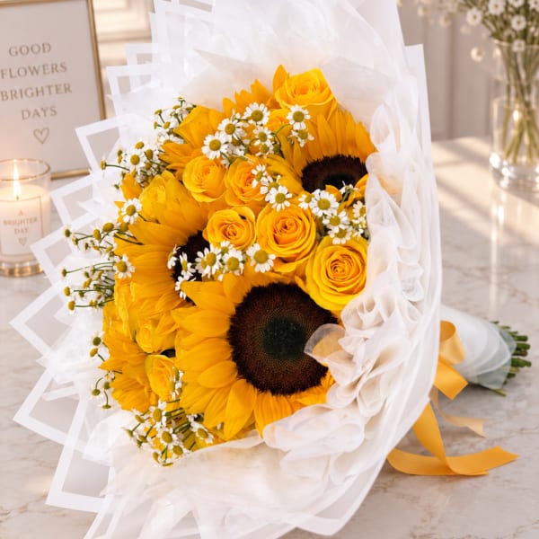 Bouquet of yellow sunflowers and roses wrapped in white paper