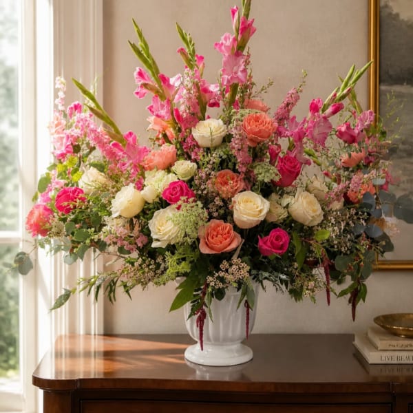 Large pink and cream floral arrangement in a white vase on a table