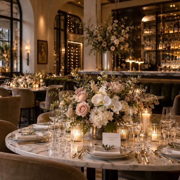 Large white and blush floral centerpiece on a set dining table