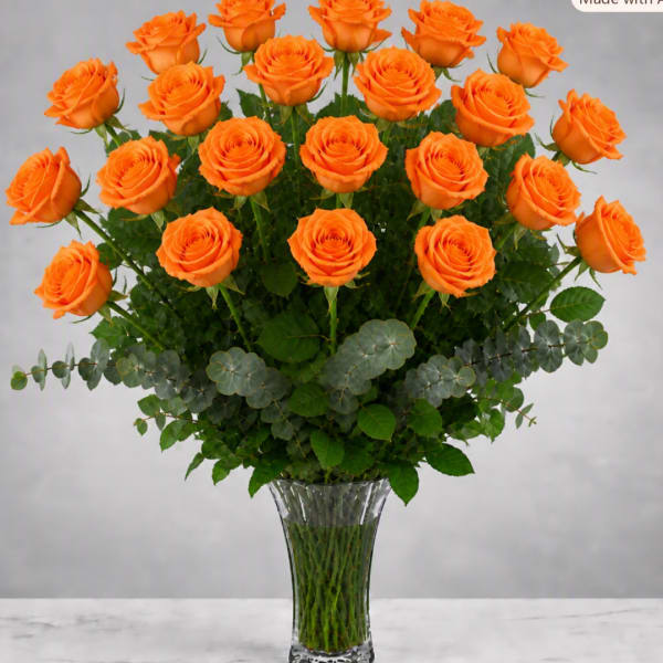 Orange roses arranged in a clear glass vase