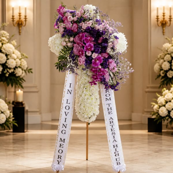 Tall purple and white floral standing spray with memorial ribbons