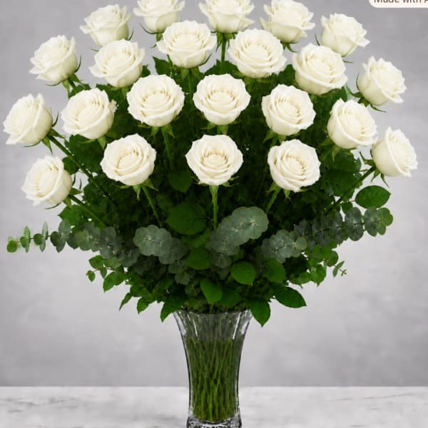 Tall bouquet of white roses in a clear glass vase