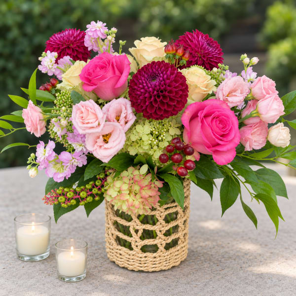 Pink and cream flower arrangement in a woven vase with two candles nearby