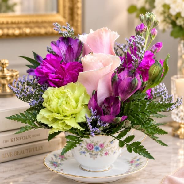 Pink and purple bouquet in a floral teacup and saucer