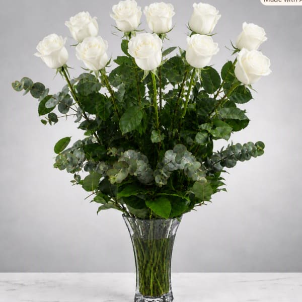 Tall bouquet of white roses in a clear glass vase