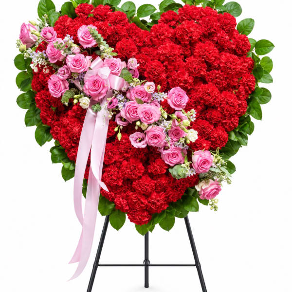Heart-shaped floral standing arrangement with red carnations and pink roses on an easel