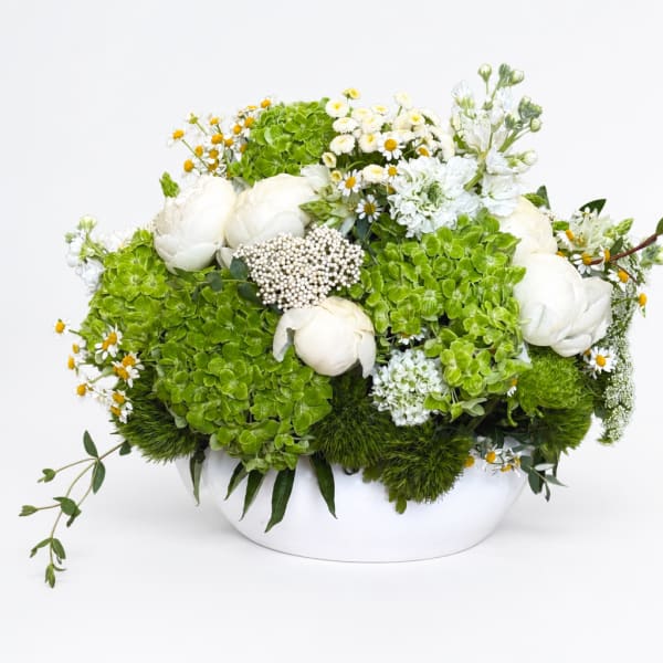 White flowers and green hydrangeas arranged in a white bowl