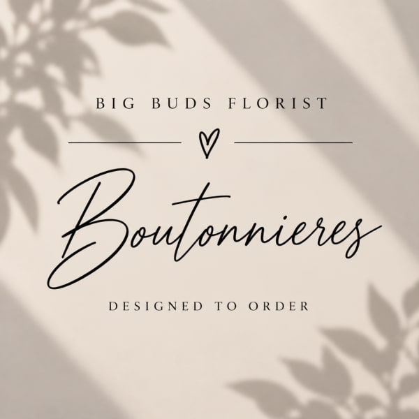 Text graphic reading "Boutonnieres" with soft leaf shadows
