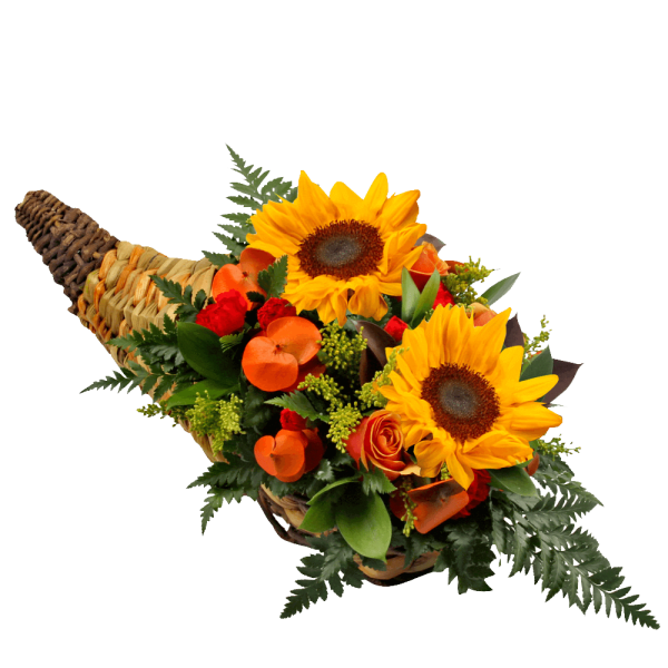 Sunflower bouquet in a woven basket with orange and red flowers