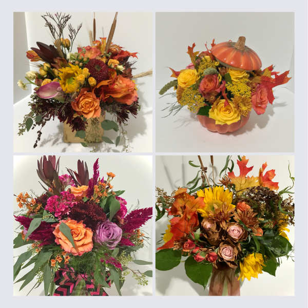 Collage of four fall flower arrangements in warm orange, yellow, and burgundy tones in vases and a pumpkin container