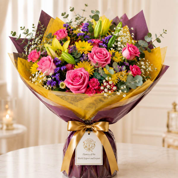 Bouquet of pink roses, yellow lilies, and purple flowers wrapped in purple and gold paper