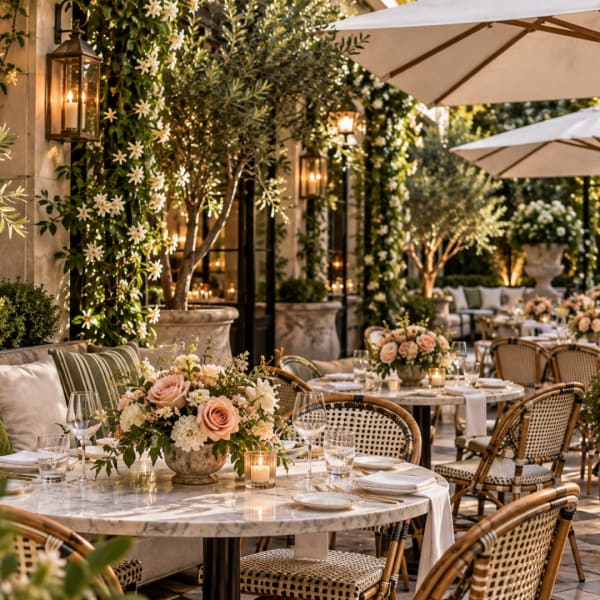 Outdoor event tables with blush rose centerpieces and candles