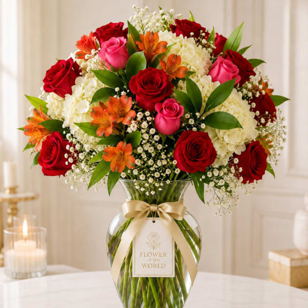 Bouquet of red and pink roses with white hydrangeas in a glass vase