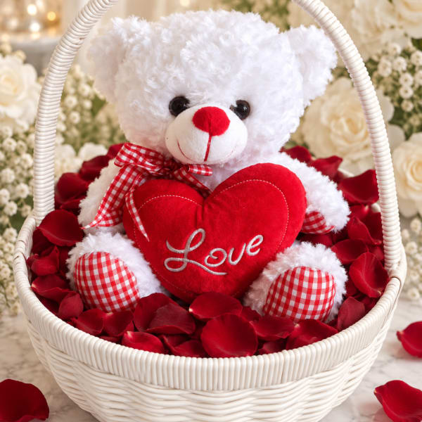 White teddy bear holding a red heart in a basket of rose petals