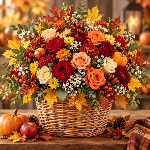 Autumn flower arrangement in a wicker basket with roses and mums