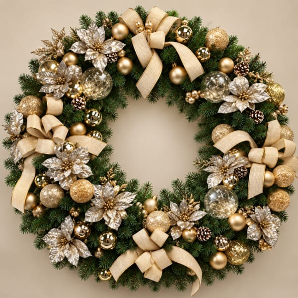 Gold and silver Christmas wreath with ribbon bows and ornaments