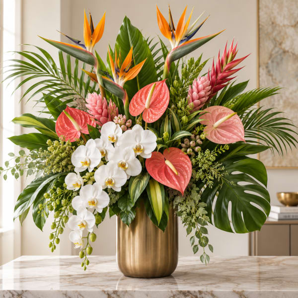 Tropical arrangement with white orchids, bird of paradise, and pink anthuriums in a gold vase