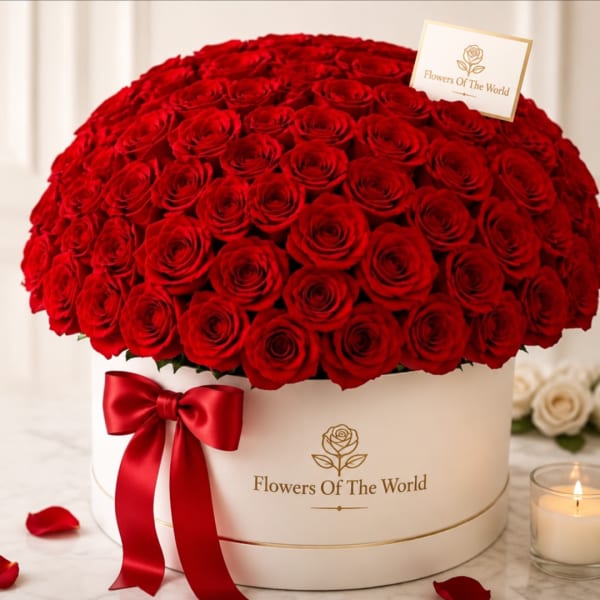 Large red rose arrangement in a white hat box with a red ribbon