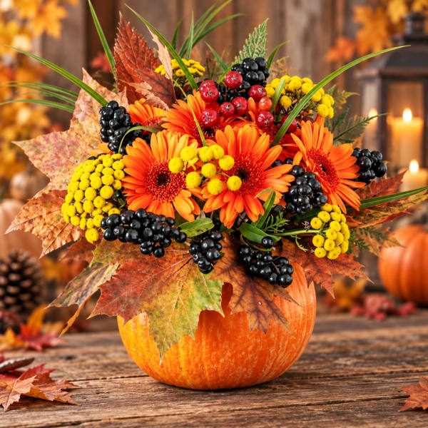 Orange gerbera daisies and berries arranged in a pumpkin vase