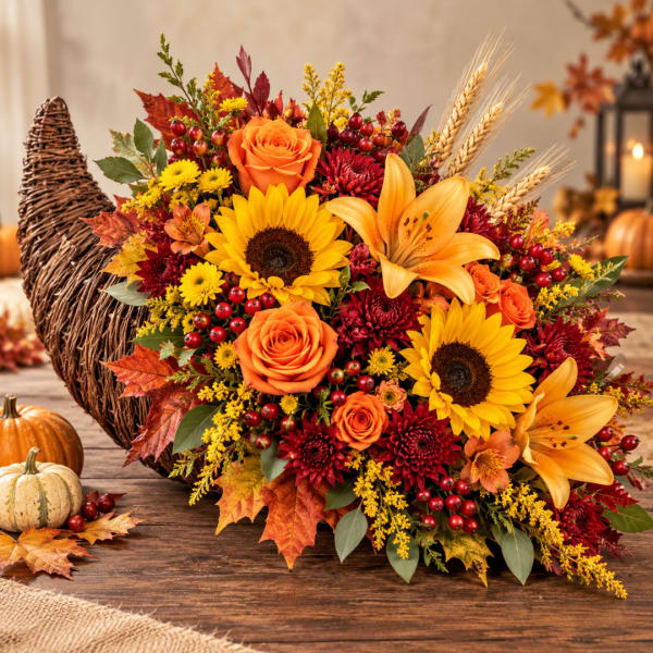 Autumn bouquet with sunflowers, orange roses, lilies, and wheat in a wicker basket