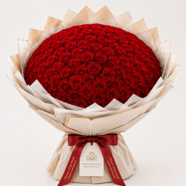 Large bouquet of red roses wrapped in beige paper with a red ribbon