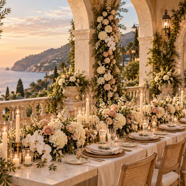 Elegant outdoor table with white and blush floral centerpieces and candles