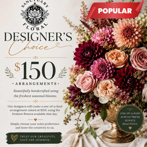 Mixed bouquet of dahlias and roses in a gold vase
