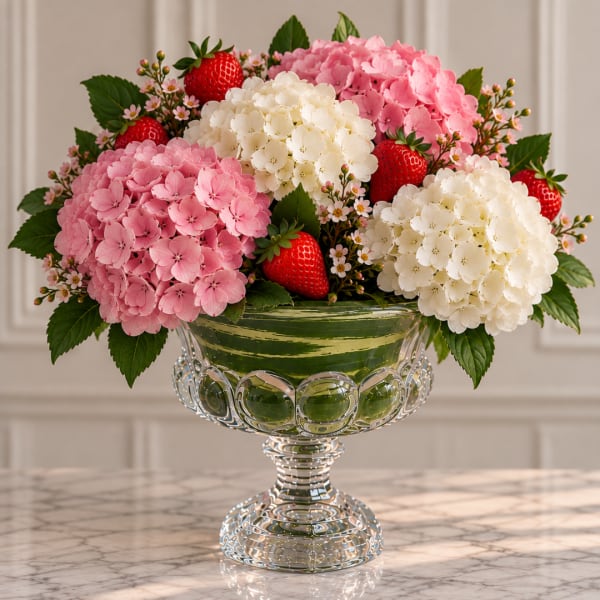 Pink and white hydrangeas with strawberries in a glass pedestal bowl