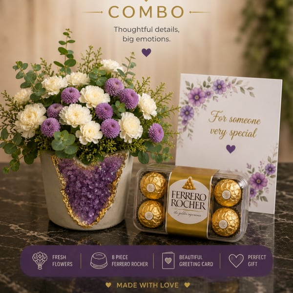 Flower arrangement with a greeting card and Ferrero Rocher chocolates