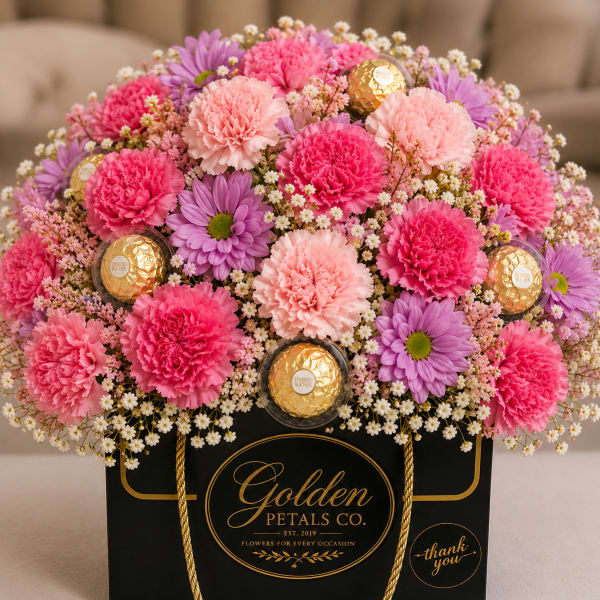 Pink and purple flower arrangement in a black gift box with gold chocolates