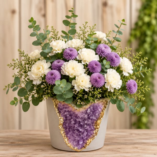 White and purple flowers in a decorated pot