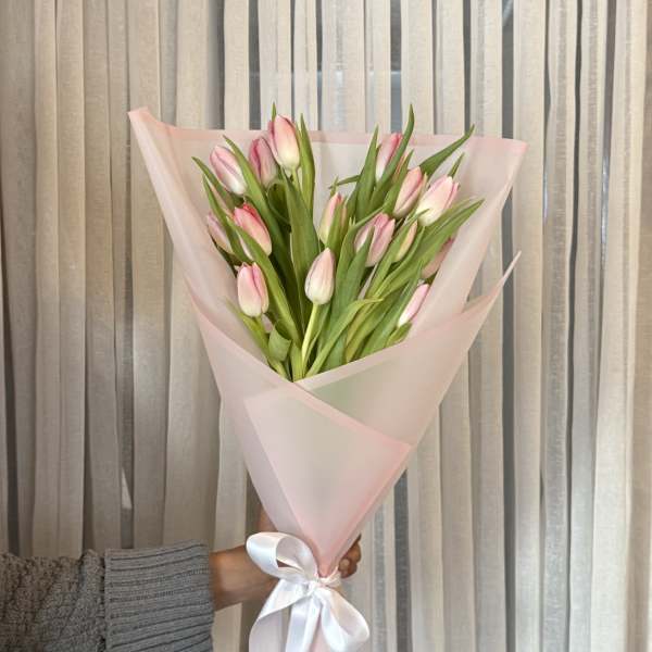 Pink tulip bouquet wrapped in pale pink paper with a white ribbon