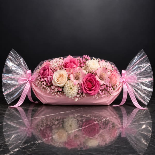 Pink and cream rose arrangement wrapped in pink paper with clear cellophane bows