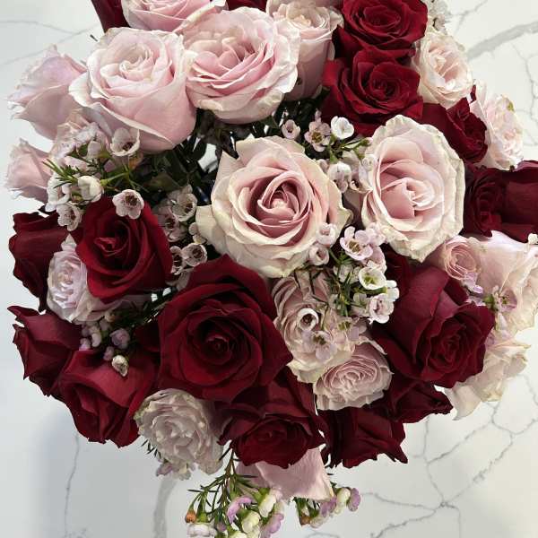 Bouquet of red and pale pink roses with small white filler flowers