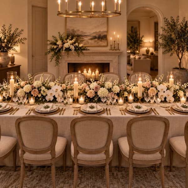 Long banquet table with white and blush floral centerpieces and candles
