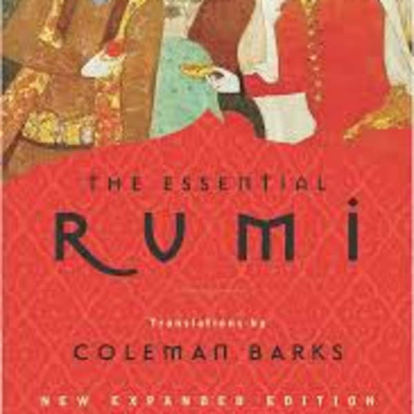 Book cover with two illustrated figures in ornate clothing and the title "Rumi"