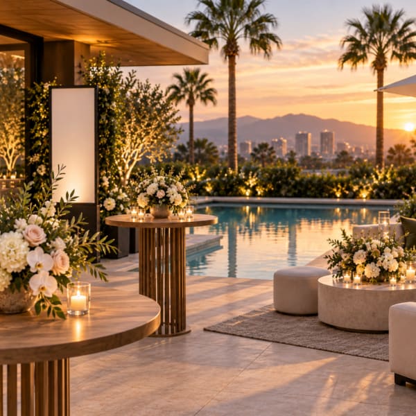 Floral centerpieces with candles on tables beside a pool at sunset