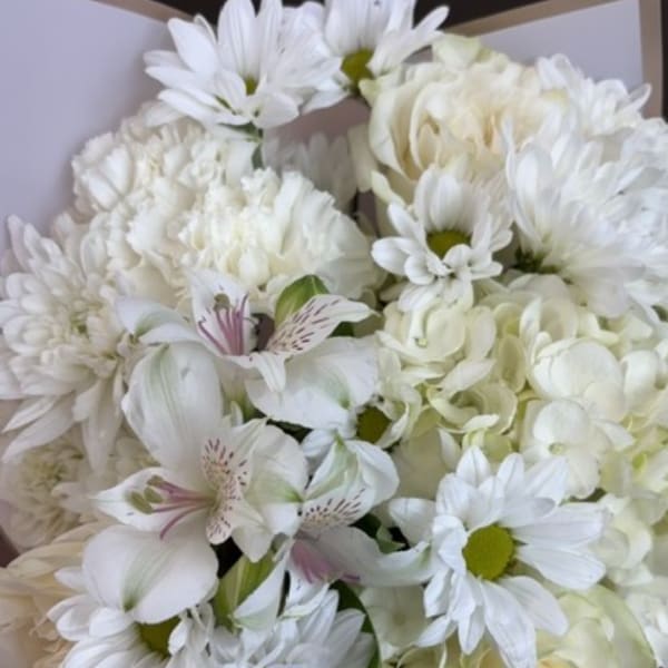 White bouquet with daisies, hydrangeas, and lilies