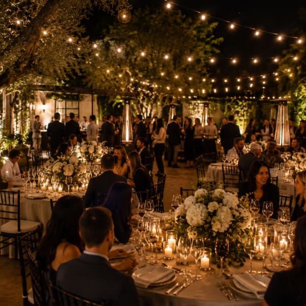 White floral centerpieces on candlelit banquet tables at an outdoor evening event