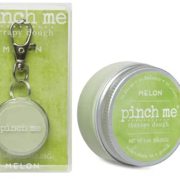 Melon-scented therapy dough tin and keychain in green packaging