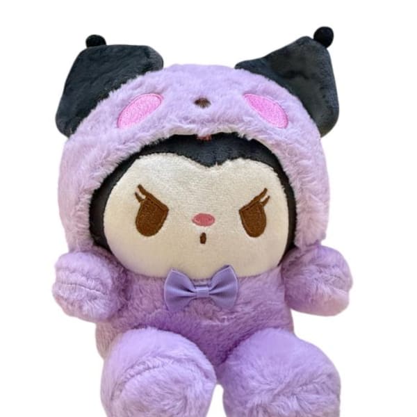 Purple plush character toy with black ears and a small bow
