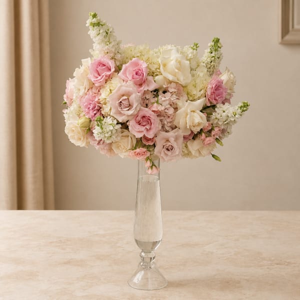 Pink and white rose bouquet in a tall clear glass vase
