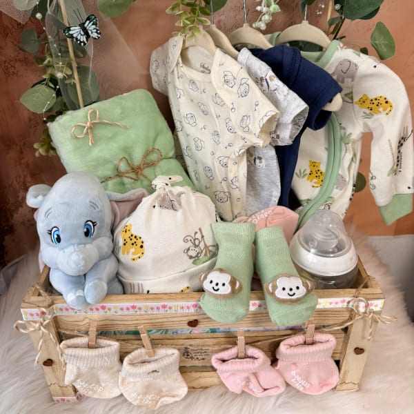 Baby gift basket with onesies, socks, a plush elephant, and a bottle